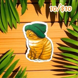 Chill Orange Tabby Cat in Green Beanie – Vinyl Sticker (Approx. 1.5”)